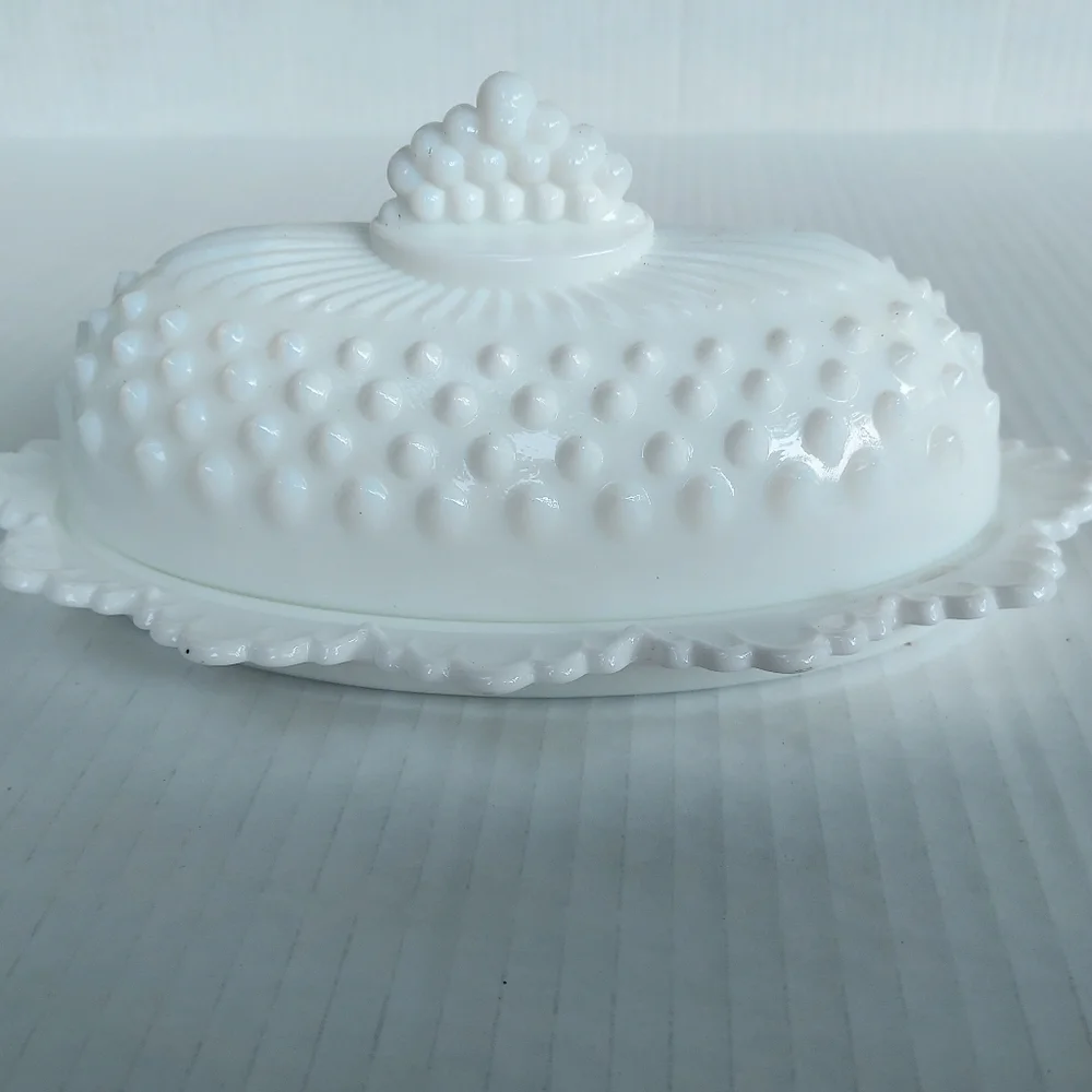 Vintage Milk Glass Butter Dish with Hobnail Detail VTG